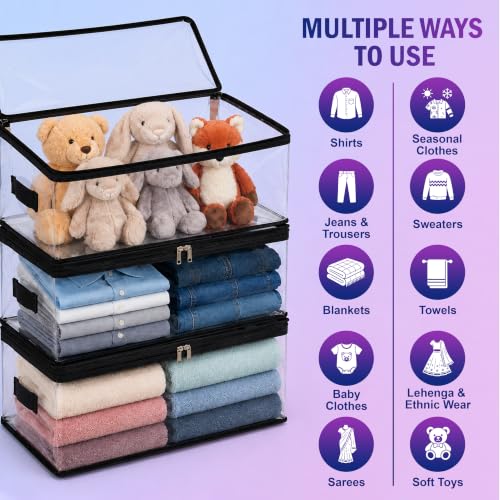 Image of JD FRESH 4 Pack Transparent Plastic Clothes Storage Bag | Clothes Organiser for Wardrobe | Saree Organizer for Wardrobe | Saree Covers for Dress, Blanket & Storage - 18 x 12 x 6.5 inch