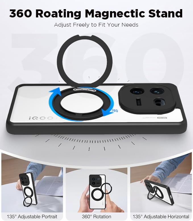 Image of RIGGEAR Shockproof Sleek Hybrid Armor 360 Rotating Magnetic Ring Stand Back Cover Case Compatible with MagSafe Accessories for iQOO 12 5G (Clear PC + Black TPU Bumper)