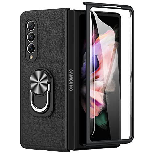 Caka for Galaxy Z Fold 3 Case, Samsung Galaxy Z Fold 3 Case with Kickstand Magnetic Ring Stand Full Body Case with Screen Protector Luxury PU Leather Cover Case for Z Fold 3 5G- Black