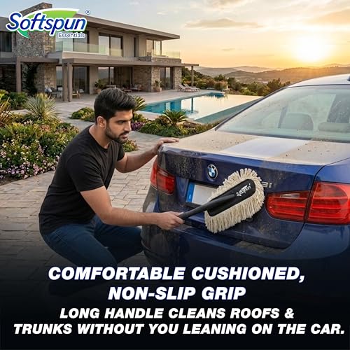 Image of SOFTSPUN Essentials Car Duster - Off White, Long-Handle Lint-Free & Scratch-Free Car Cleaner Brush with SiO2 Wax Infused Cotton Strands for Enhanced Dust Removal (Exterior Car Cleaning Tool)