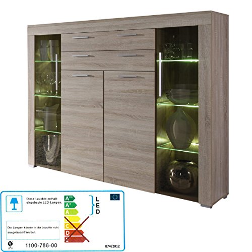 trendteam smart living Wohnzimmer Highboard Sideboard Wohnzimmerschrank Boom, 160 x 137 x 40 cm in Eiche-sägerau hell mit brünierten Glasscheiben
