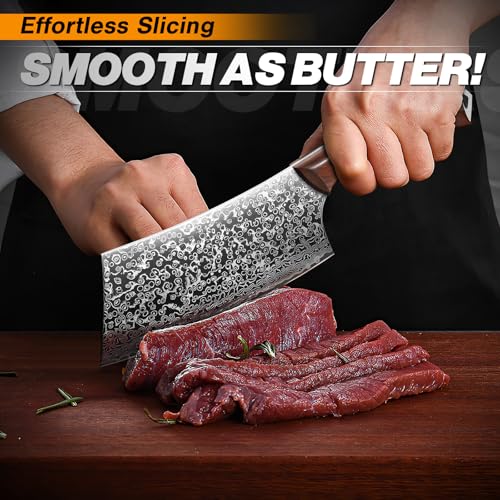 Image of Huusk Meat Cleaver Knife Japanese Kitchen Knife 6.4 Inch, Hand Forged Butcher Knife for Meat Cutting, Vegetable Chopping Knife High Carbon Steel Damascus Pattern Chef Knife Cooking Gift Idea