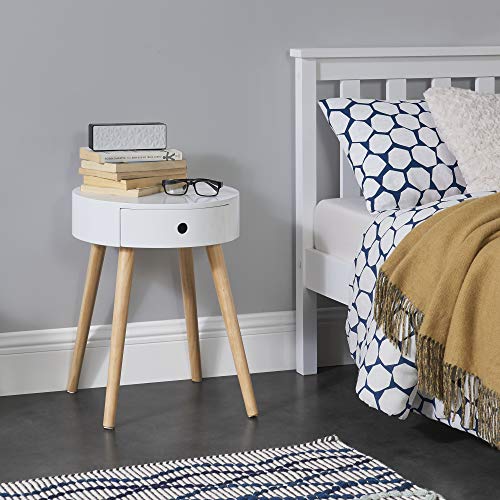 [en.casa] Petite Table Ronde avec Tiroir Commode Table de Nuit Table de Chevet Meuble de Rangement MDF Laqué et Pin Blanc 50 x 38 x 38 cm