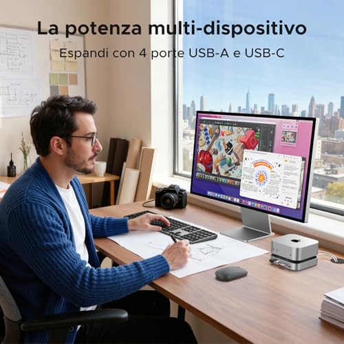 Docking Station Compatibile con Mac Mini M4 e M4 Pro Hub USB C Supporto con Alloggiamento M.2 NVME SSD DisplayPort 4K 240Hz 144Hz USB 3.2 4A1C 10Gbps SD TF Slot 3.5mm Aux - Hub USB - Immagine 5