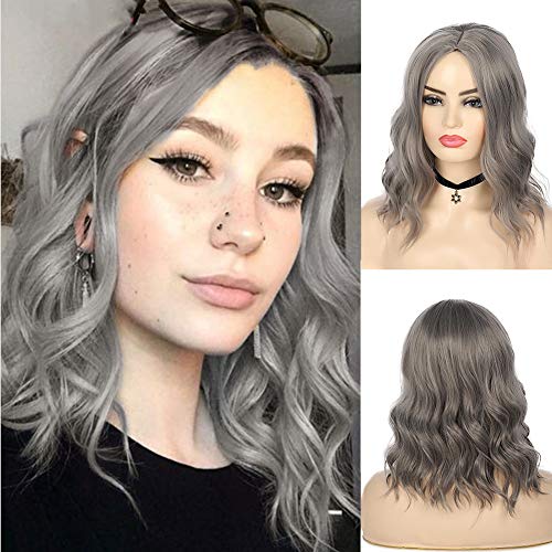 Kaneles Grey Wavy Short Bob Hair Wig for Women Middle Part Shoulder length Wig Synthetic Wigs Cosplay Wig for Women