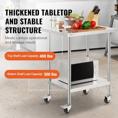 Image of VEVOR Stainless Steel Work Table 24 x 30 x 38 Inch, with 4 Wheels, 3 Adjustable Height Levels, Heavy Duty Food Prep Worktable for Commercial Kitchen Restaurant, Silver