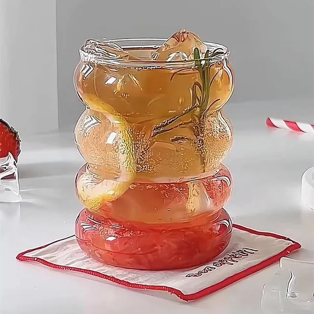 Image of Glass Mug with Bamboo Lid and Straw, 510ml, for Cold Drinks, Smoothies, Coffee(Pack of 1) (Transparent Wave Mug)