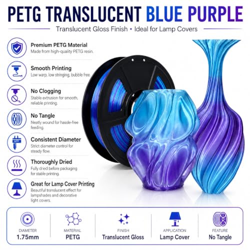 Image of PETG Translucent 3D Printer Filament,Blue to Purple,PETG 1.75mm Filament Lamp Covers, Bubble-Free, Low Warping and Stringing, No Tangle,Net Weight 1kg