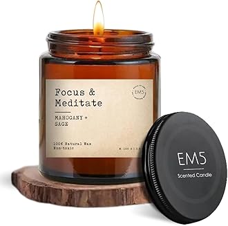 EM5 Focus & Meditate Aromatherapy Scented Candle | Mahogany & Sage | 100% Natural Wax & Lead Free Wick | Upto 30 Hours of Clean Burning | Smokeless & Non-Toxic Candles | 100gm