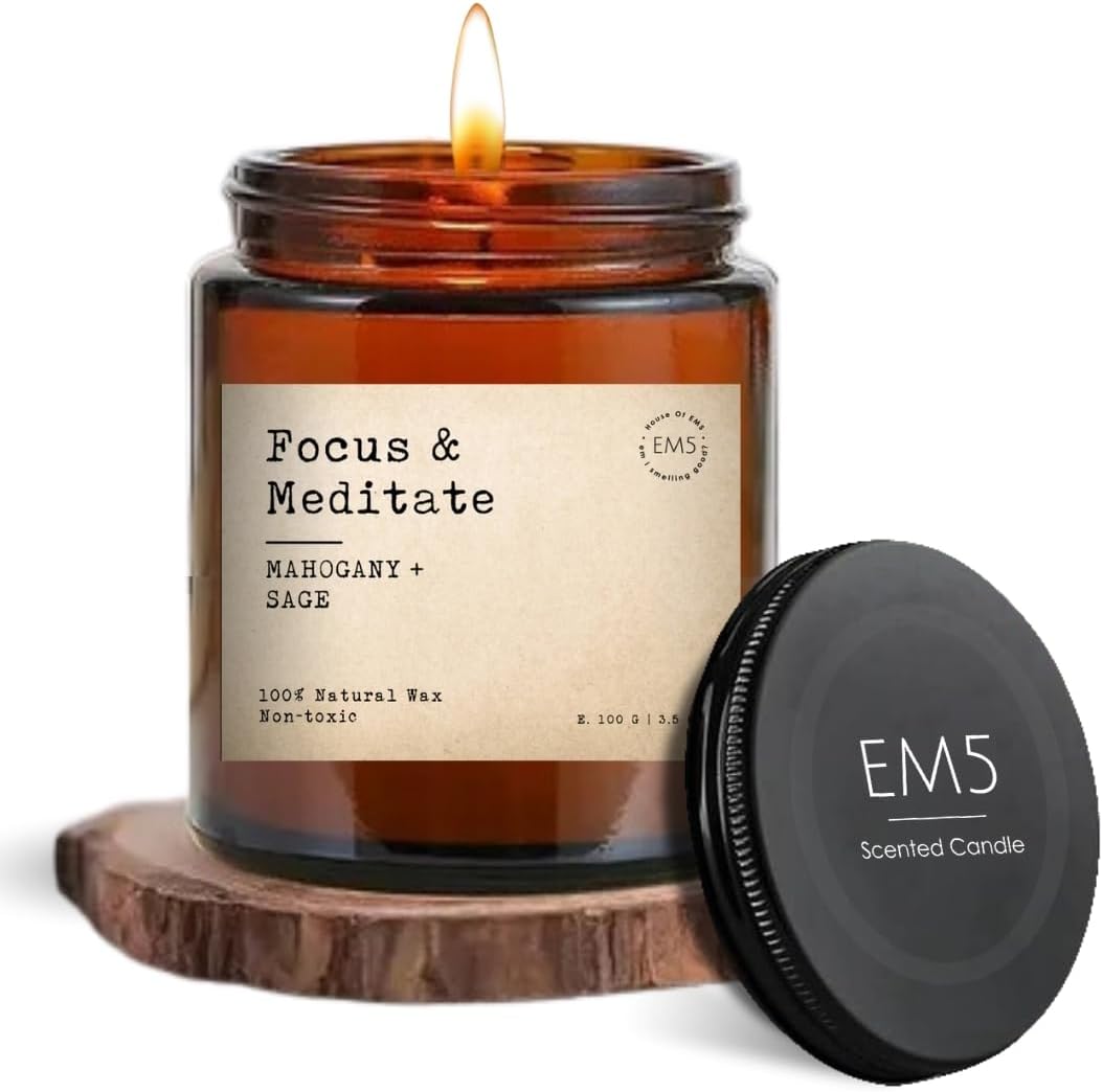 EM5 Focus & Meditate Aromatherapy Scented Candle | Mahogany & Sage | 100% Natural Wax & Lead Free Wick | Upto 30 Hours of Clean Burning | Smokeless & Non-Toxic Candles | 100gm