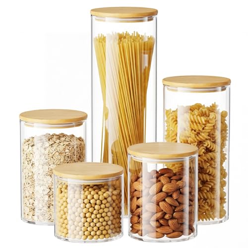 Image of 5 Pack MultiSize Glass Jar with Lid, Coffee Storage Canister for Candy | Seal, BPA-Free, Bamboo Lid, Coffee Bar Accessories, for Coffee Beans, Creamer, Salt, Overnight Oats, Brown sugar, Candy, Tea