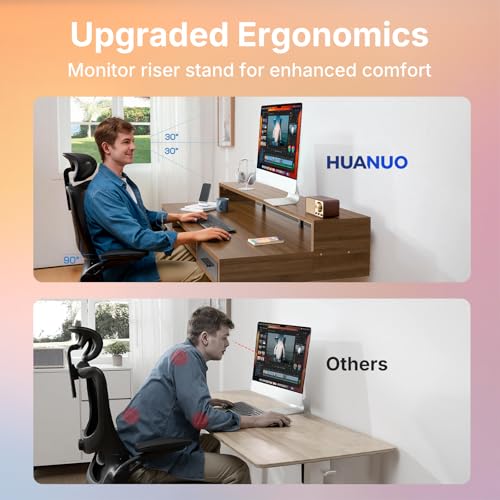 Image of HUANUO 63″ x 26″ Electric Standing Desk with 2 Drawers &24.4″ Large Keyboard Tray, C-Clamp Mount Compatible, Adjustable Computer Desk for Office, Sit Stand Up Desk with 4 Height Presets, Deep Walnut
