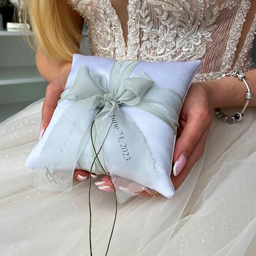 Ring bearer pillow White and Sage green wedding, Personalized, We...