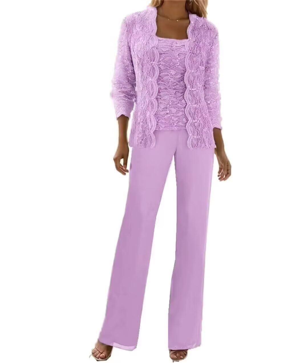 3 Pieces Chiffon Lace Mother of The Bride Pant Suits with Jackets Sequins Wedding Guest Dresses for Women
