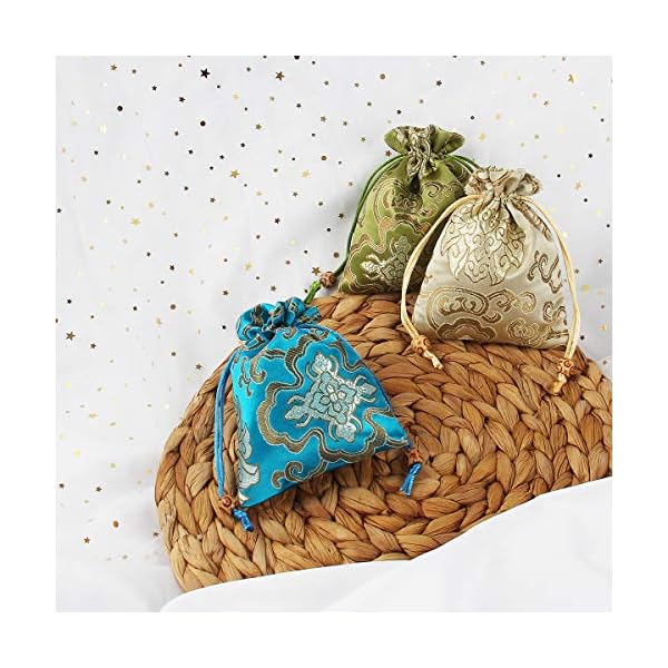 kilofly 14pc Silk Brocade Jewelry Pouch Double Layer Drawstring Coin Gift Bag - Image 7