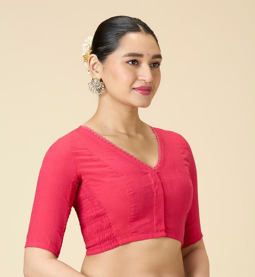 Image of Studio Shringaar Women's Handloom Cotton Side Stretchable (Smocked) Readymade Saree Blouse with Crochet Neckline