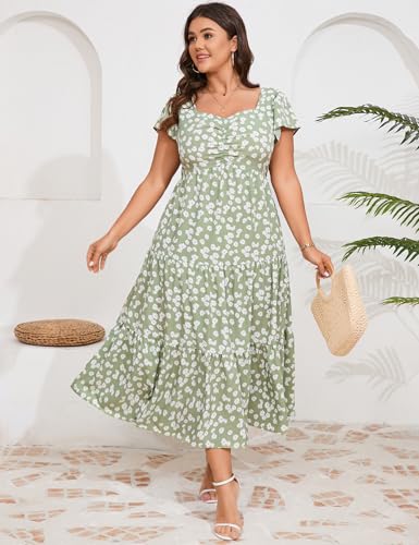 Image of KOJOOIN Women Plus Size Summer Dress Short Sleeve Casual Dress Floral Midi Dress Sweetheart Neck Ruffle Dress