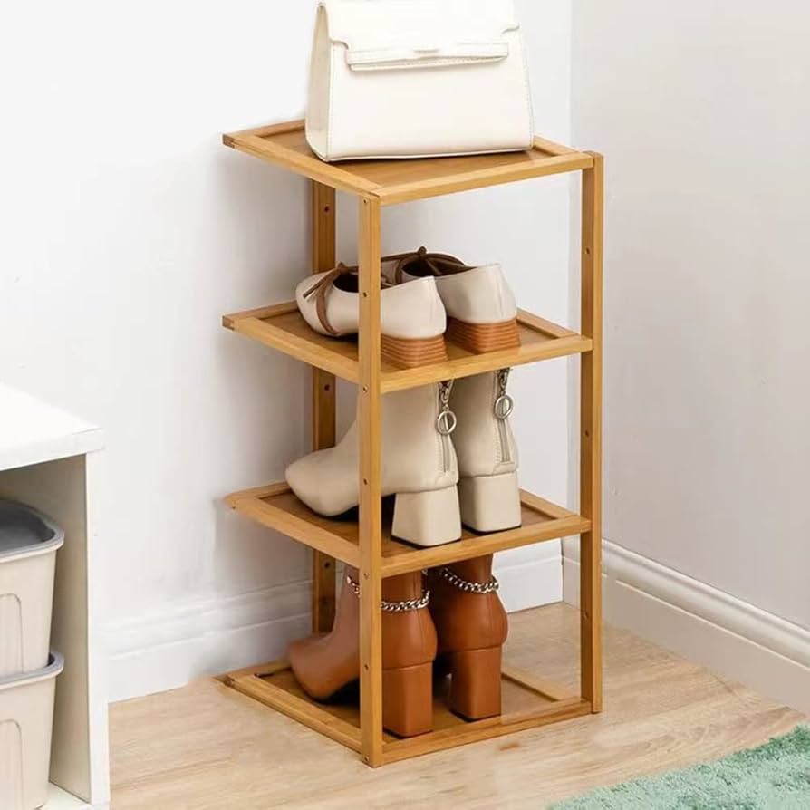 シューズラック3/4/5段靴収納 省スペース シューズラック オーガナイザー 木製 靴収納 収納ラック シェルフ ウッドラックに適し 寝室 部屋 リビング ルーム (25x27x55cm 4層)
