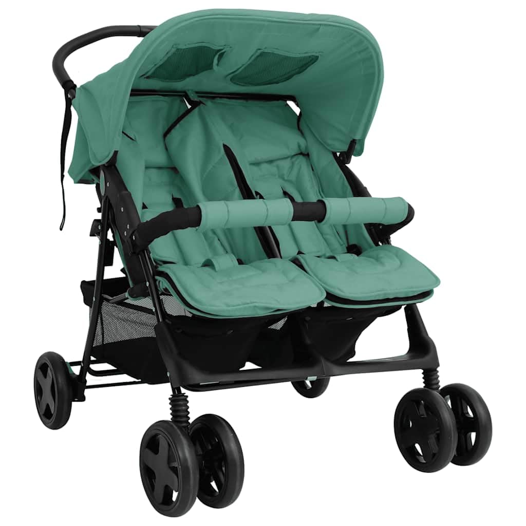 vidaXL Poussette à Deux Places Landau Pliable de Vayage Poussette de Voyage pour Tout-petit Extérieur Protection contre Rayons UV Vert Acier