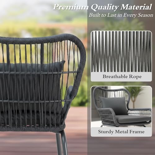 Image of DEVOKO Outdoor Patio Garden 3 Piece All Weather Water Resistant Furniture with Cushion & Center Table for Balcony, Backyard, Lawn, Terrace (Dark Grey & Grey)