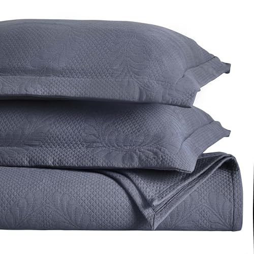 Superior 3 Piece Cotton Bedspread Set, Home Bed Decor, Decorative Bed Spread, 2 Pillow Shams, Medium Weight Blanket, Matelasse Coverlet, Bedding Essentials, Peploi Collection, King, Denim Blue