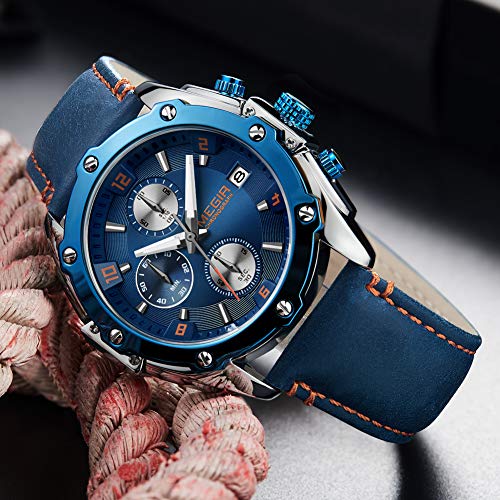 Megir Men Business Analogue Quartz Watch With Fashion Blue Leather Strap Chronograph Luminous Auto Calendar For Sport & Work 2074 Blue #TOP7