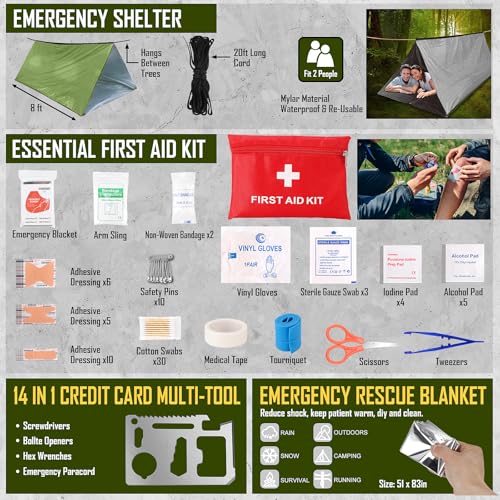 Survival Kit, 268 Pcs Emergency Survival Gear and Equipment Supplies with First Aid Kit, Camping Axe, Headlamp, Tent, Crossbody Bag for Camping Hiking, Hunting, Car, Gift for Christmas Men, Dads, Him - Image 6
