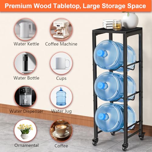 Image of 5 Gallon Water Bottle Jug Holder 3-Tier Organizer with Lockable Casters Heavy Duty Storage Rack Dispenser Stand With Wood Top Shelf for Kitchen Office Garage Black