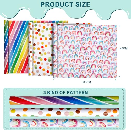 AiQInu 3 Rolle Geschenkpapier 43x300cm, Geschenkpapier Set, Geschenkverpackung für Weihnachten, Geburtstage, Partys, Hochzeiten, Babypartys
