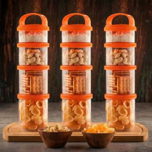 Image of GROB StackIt 4-Layer Stackable Snack Container with Handle | Airtight Food Storage Jar | Multipurpose Dry Fruit, Biscuit & Namkeen Box | BPA Free Plastic | Travel & Kitchen Storage (Pack 3)