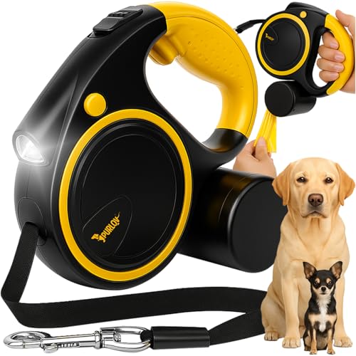 Guinzaglio flessibile per cani con luce LED e dispenser per sacchetti, 5 m, guinzaglio automatico per cani di taglia media, 10 – 25 kg, impugnatura ergonomica, funzione di arresto e cinghia