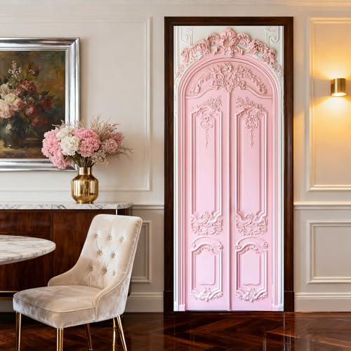 Image of Nuxovilar Pink Floral Door Stickers Peel Stick PVC 30.3x78.7 Inches | Door Stickers Wall Decals Peel Stick Cover Vinyl Art Poster Home Bedroom Living Room (Pink Floral)
