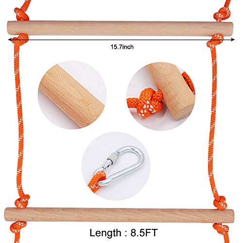 X XBEN 8.5Ft Wooden Rope Ladder for Kids, Climbing Ladders for Backyard Playset, Ninja Obstacle Course Hanging Ladder, Outdoor Playground Swingset Accessories