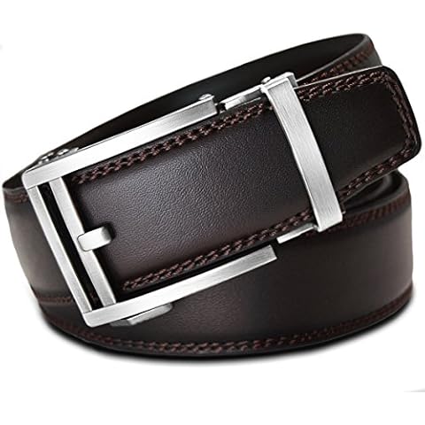 Men's Leather Ratchet Click Belt - Hemingway Brushed Silver Buckle with Double Stitched Brown Leather Belt (Trim to Fit: Up to 33'' Waist) Cover
