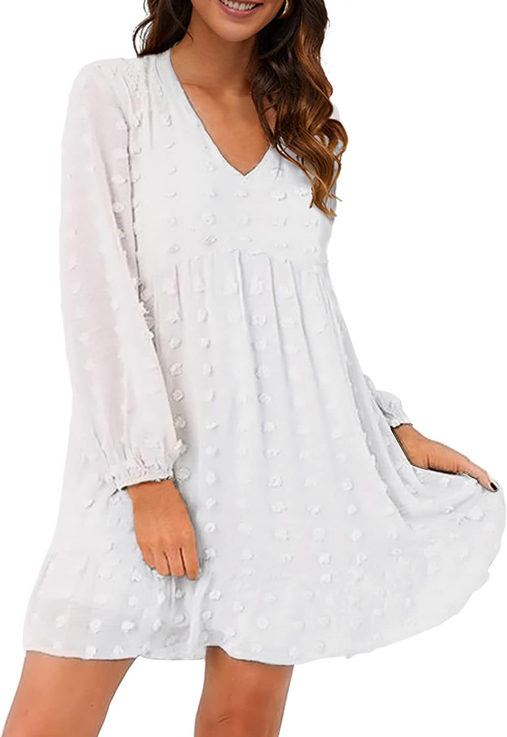 Womens White Dresses Flowy Babydoll Dress Chiffon Long Sleeve V Neck Cute Mini Tunic Dress