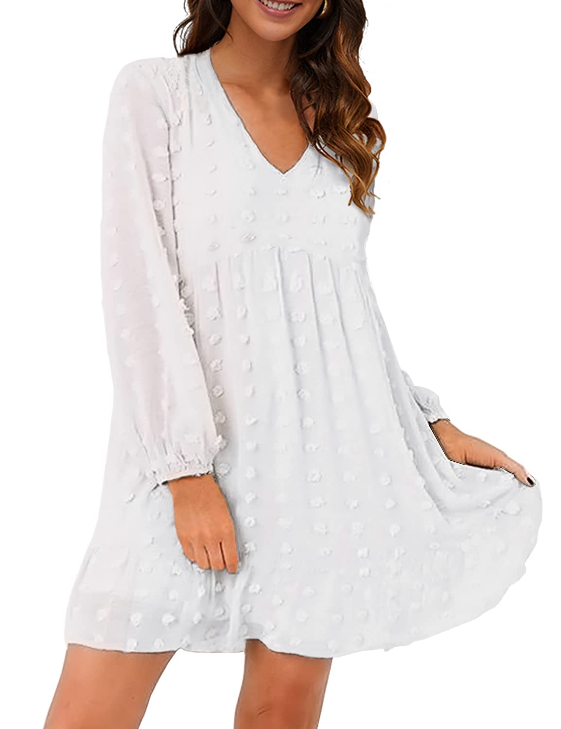 Blooming JellyWomens White Dresses Flowy Babydoll Dress Chiffon Long Sleeve V Neck Cute Mini Tunic Dress