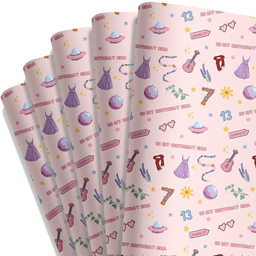 Bzelkry Singer Themed Gift Wrapping Paper 5 Sheets Folded Flat Sheets In My Birthday Era Durable Paper with Cute Icons for Birthday Gift Wrapping