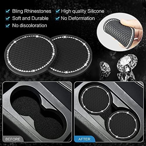 Bling Rhinestone Rear View Mirror, Crystal Ball Plush Pendant Ornament, Bling Car Coaster, Key Ignition Starter, Diamond Car Accessories for Women and Man, 6 Set Car Interior Decoration (white)