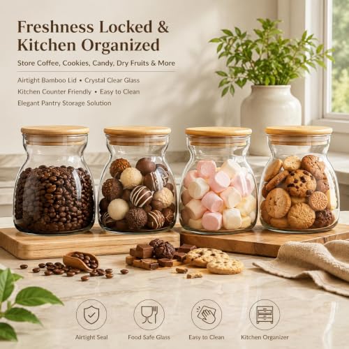 Image of MARTVIA Glass Food Storage Jars with Bamboo Lids 650ml Set of 2, Wide Mouth Lid Jar for Home Kitchen,Flour, Sugar, Coffee, Pasta, Oats, Grains, Cookies, Snacks (Barell 650 ML Jar, SET OF 2)