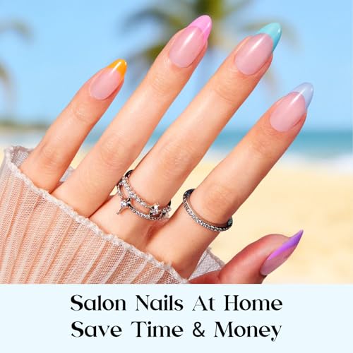 Image of Beetles X Press Summer Nails Kit: Medium Almond French Tip Press On Nails Kit With 7 Colors 224Pcs Rainbow Nail Tips Nail Glue & Builder Top Coat Mini UV Light, All-in-One DIY Gift For Women 16 Sizes