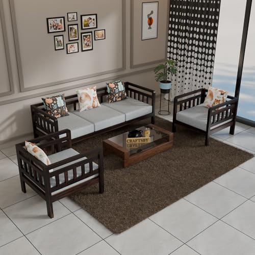 Image of Solid Sheesham Wood 5 Seater Sofa Set Without Centre Table for Living Room | Wooden 3+1+1 Five Seater Sofa Set with 5 Cushions | Modern Sofa Set for Home, Office & Lounge| Grey, Walnut Finish