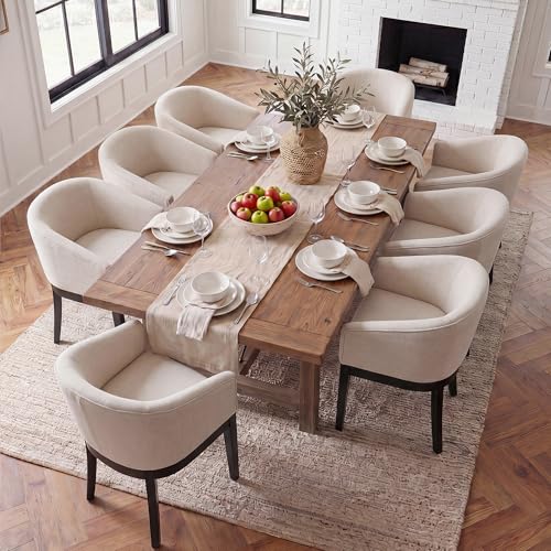 Image of HNY Barrel Dining Chairs Set of 8, Mid Century Modern Upholstered Dining Chairs with Arms, Linen Kitchen & Dining Room Chairs, Solid Wood Frame Accent Chairs for Kitchen, Apartment, Cream