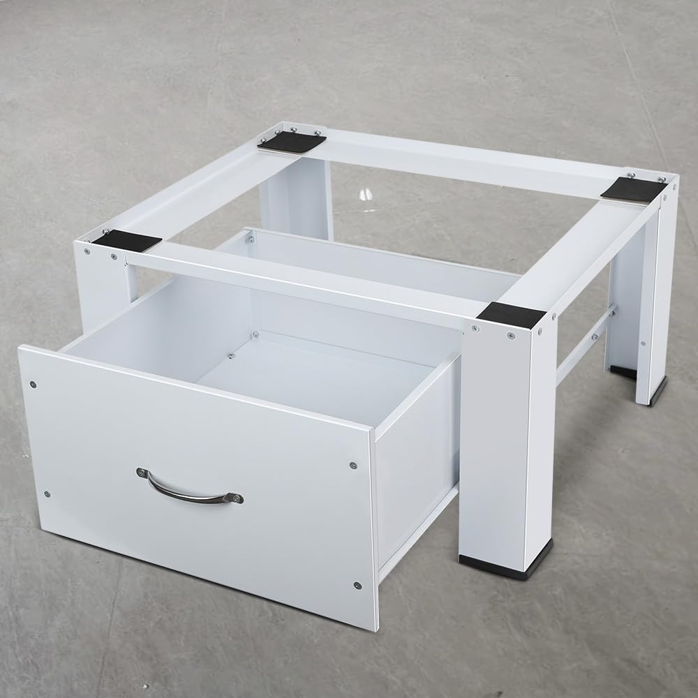 Base in acciaio per lavatrici con cassetto, fino a 150 kg, stabile base per lavatrici con cuscinetti antiscivolo, telaio rialzo per asciugatrice, frigorifero, bianco, 64 x 54,5 x 32 cm