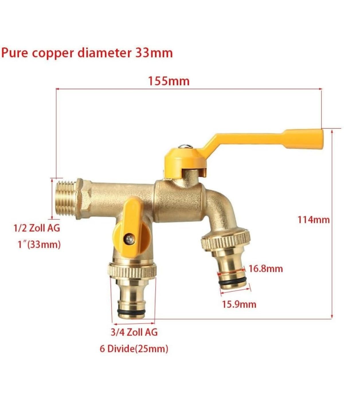 Grifo universal de doble salida para jardín, válvula de bola para exteriores, conector de manguera de 1/2 y 3/4 pulgadas para lavadora de jardín, uso doméstico e industrial