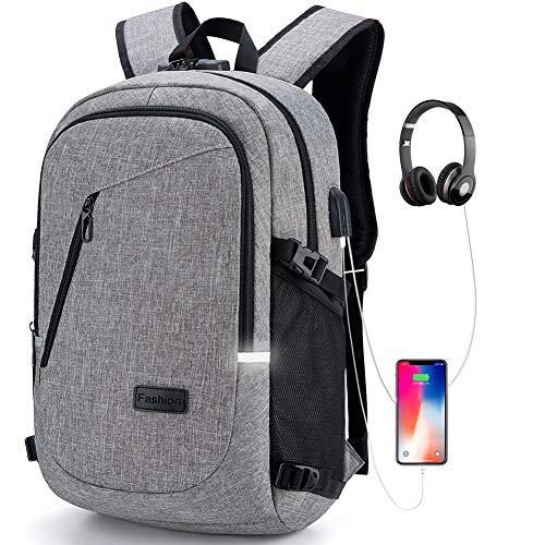 DOXUNGO Anti Diefstal Rugzak met Lock Slim Laptop Rugzak met USB Opladen Poort en Oortelefoonpoort Voor Vrouwen en Mannen, Past tot 15,6 Inch Laptop Notebook en Tablet Ipad (Upgrade versie- Grijs)