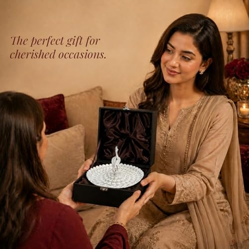 Image of Diviniti German Silver Peacock Decorative Tray for Home Decor | Luxury Dry Fruit & Sweet Serving Platter with Silver Feather Design | Premium Decorative Gift Hamper Plate with Elegant Gift Box