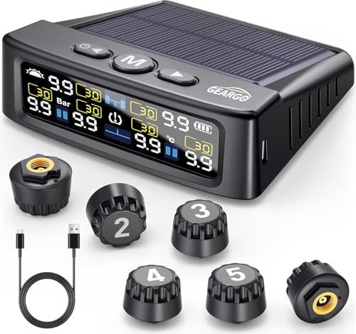 GEARGO Tire Pressure Monitoring System, Real-time Solar Wireless TPMS with 6 Tire Pressure Sensor, Digital LCD Display, Auto Security Alarm for RV SUV MPV Truck Sedan