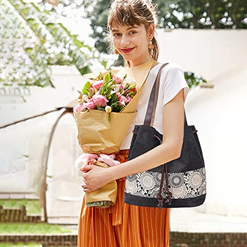 Image of Women Shoulder Bag Canvas Tote Bag Retro Drawstring Bucket Bag Ladies