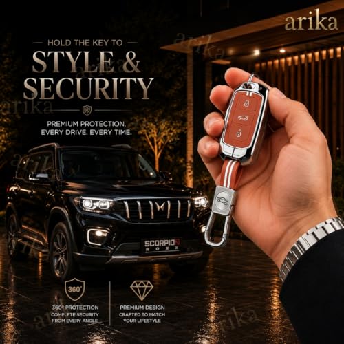 Image of Arika Metal Car Key Cover for Mahindra Scorpio N XUV300 XUV700 Tata Nexon Punch Altroz Tiago 2 /3 /4 Button Smart Key Case with Keychain (Key Shell-Brown)