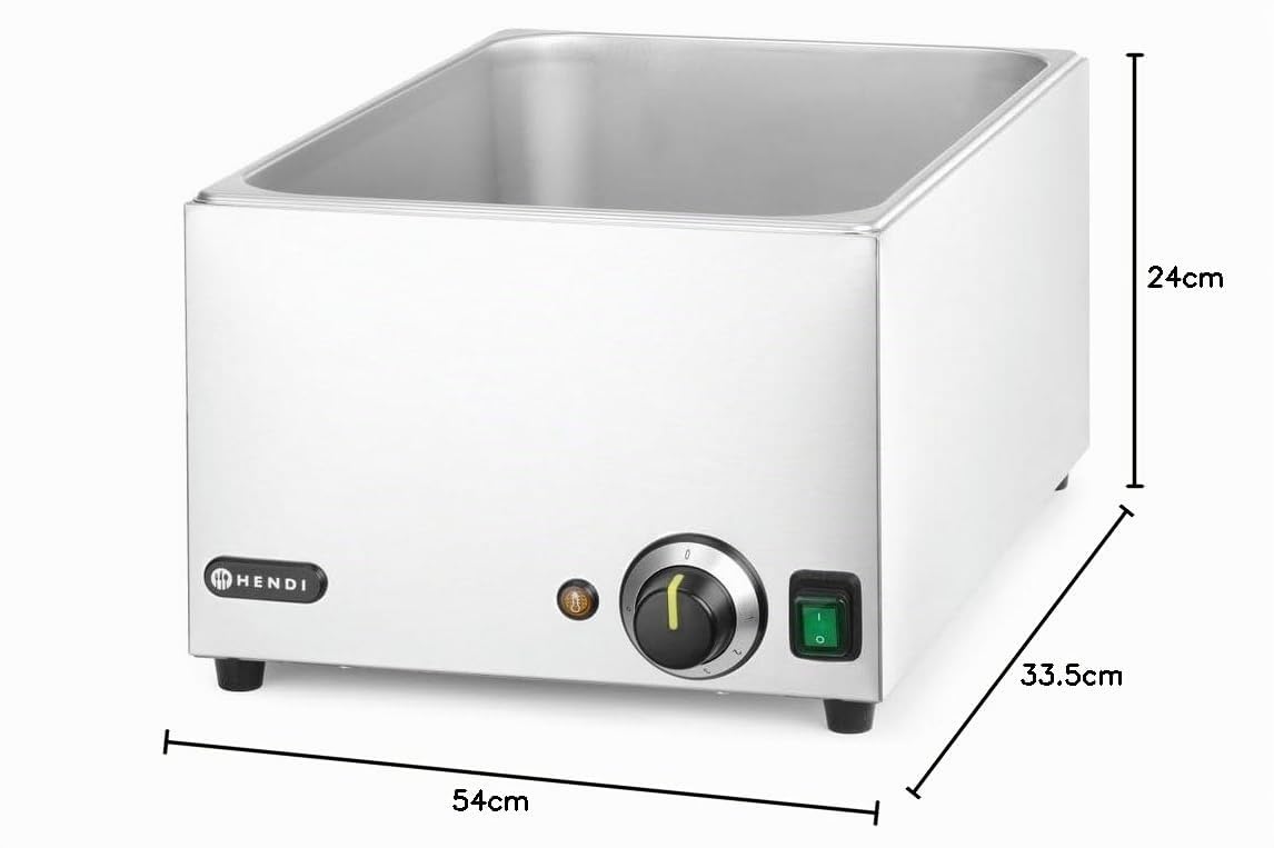 HENDI Bain Marie électrique, chauffe-plat buffet, température réglable 30°C à 85°C, 1 x GN 1/1, 2 x GN 1/2, 3 x GN 1/3, 19L, 230V, 1000W, 590x332x(H)242mm, acier inoxydable